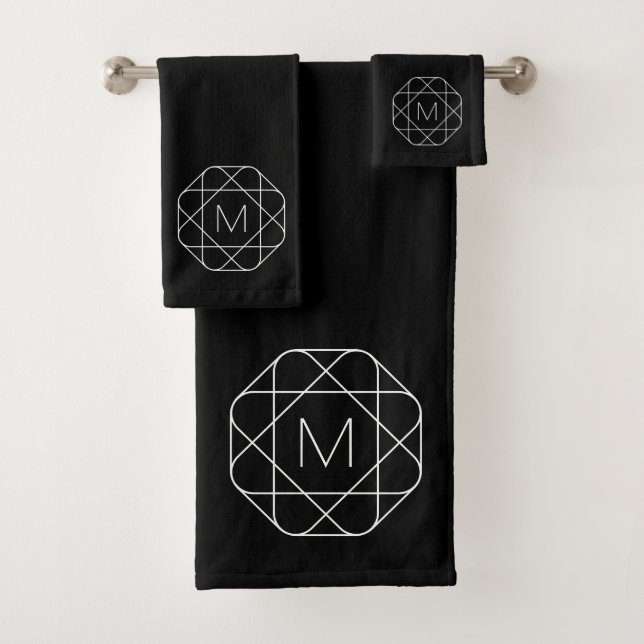 Black & White Geometric Monogram Bath Towel Set (Insitu)