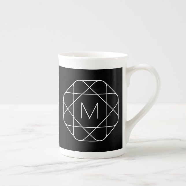 Black & White Geometric Monogram Bone China Mug (Right)