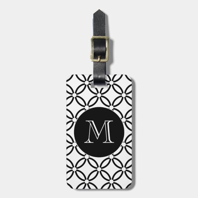 Black White Geometric Pattern Custom Monogram Luggage Tag (Front Vertical)