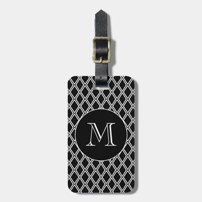 Black White Geometric Pattern Custom Monogram Luggage Tag (Front Vertical)
