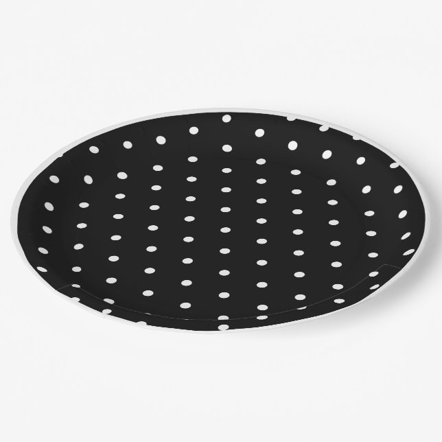 Black White Geometric Polka Dots White Border Paper Plate (Angled)
