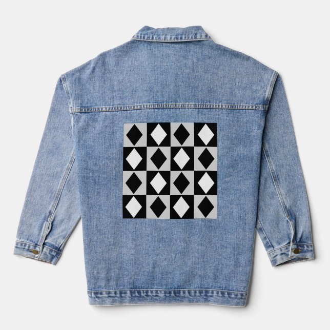 Black White Geometric Rhombus Diamond Denim Jacket (Back)