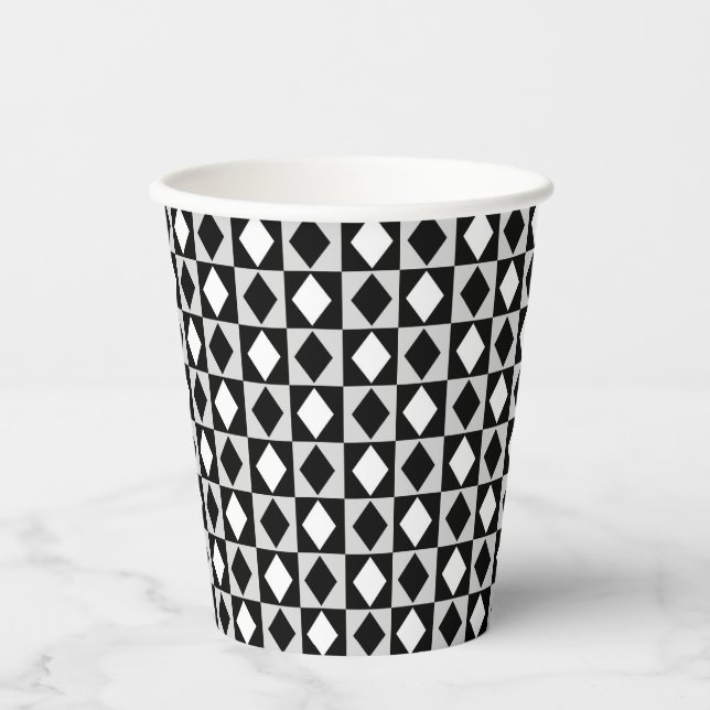 Black White Geometric Rhombus Diamond Paper Cups (Front)