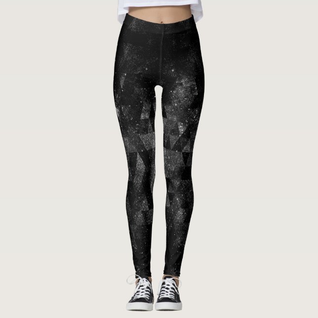 Black white geometric sparkly universe abstract leggings (Front)