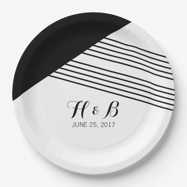 Black White Geometric Stripe Paper Plates (Front)