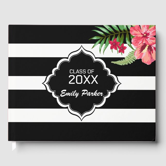 Black & White Geometric Stripes-Graduations Guest Book (Front)