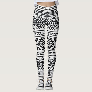 Black White Geometric Tribal Pattern Aztec Boho Leggings