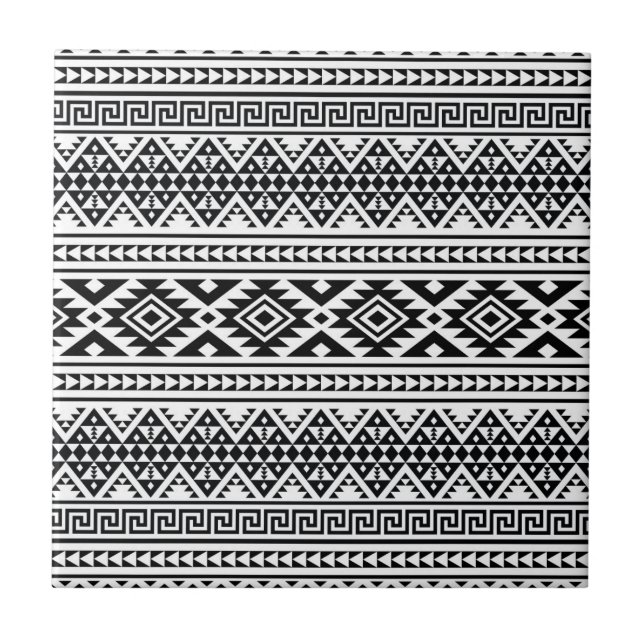 Black White Geometric Tribal Pattern Aztec Boho Tile (Front)