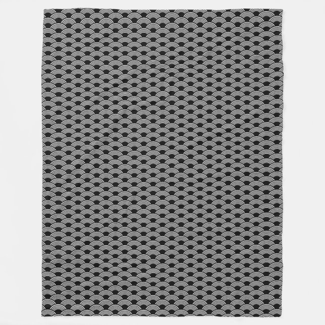 Black & White Geometric Wave Pattern Seigaiha Fleece Blanket (Front)