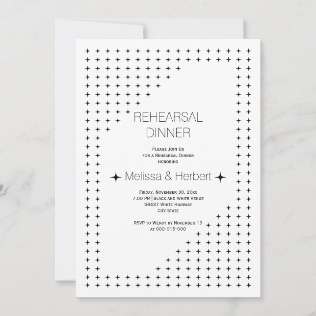 Black white geometric wedding rehearsal dinner invitation (Front)
