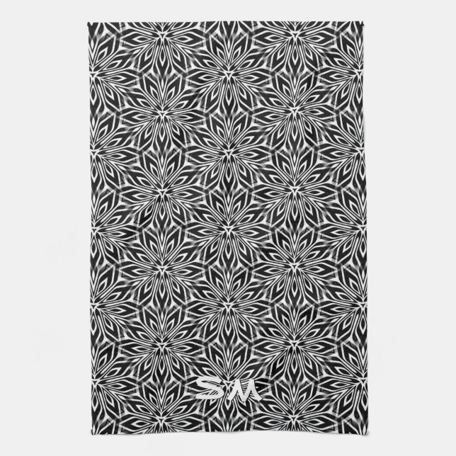 Black White Geometry Orb Monogram Kitchen Decor Tea Towel (Vertical)