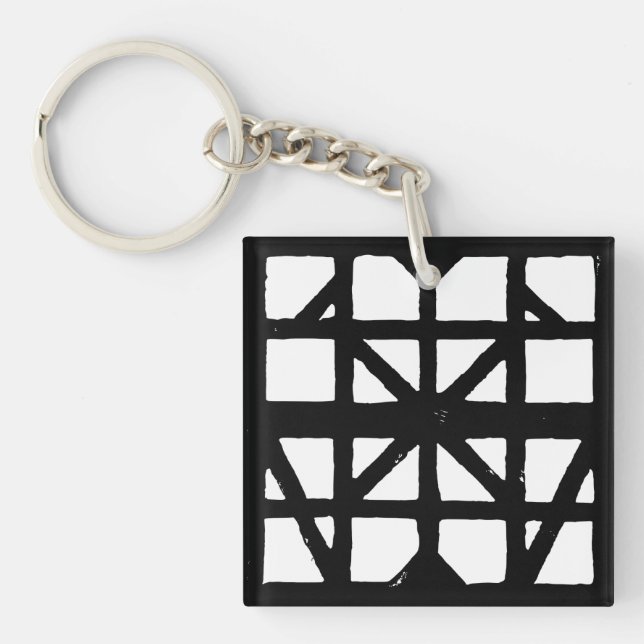 Black & White German Half-Timbered House Pattern Key Ring (Front)