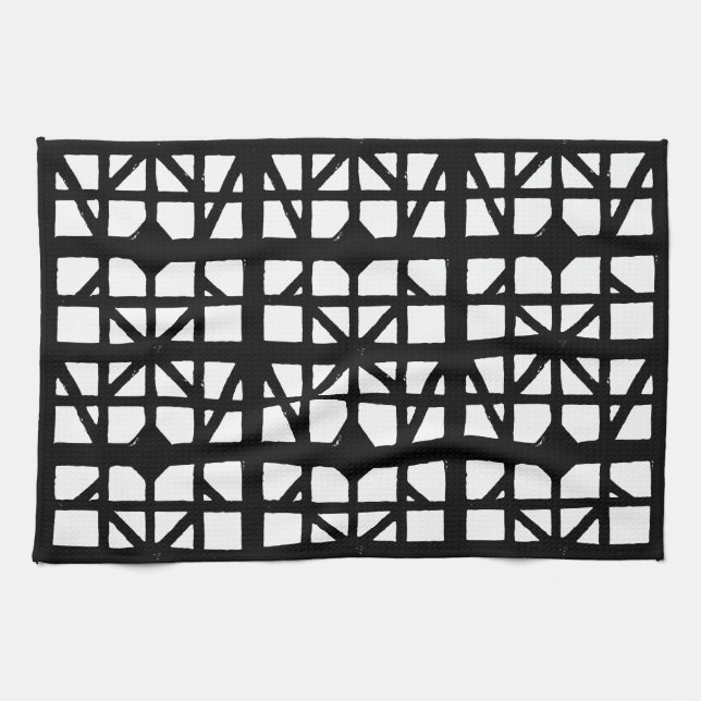Black & White German Half-Timbered House Pattern Tea Towel (Horizontal)