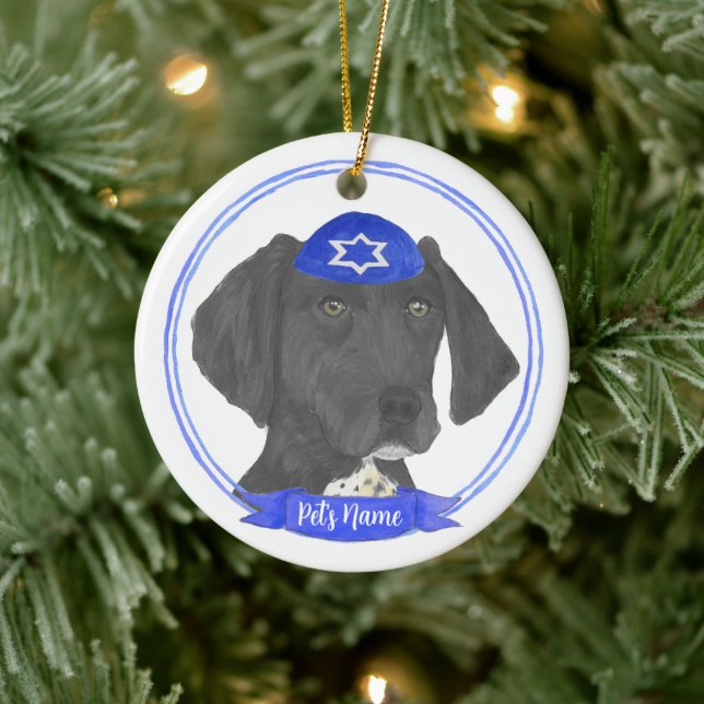 Black & White German Shorthaired Pointer Hanukkah Ceramic Tree Decoration (Tree)