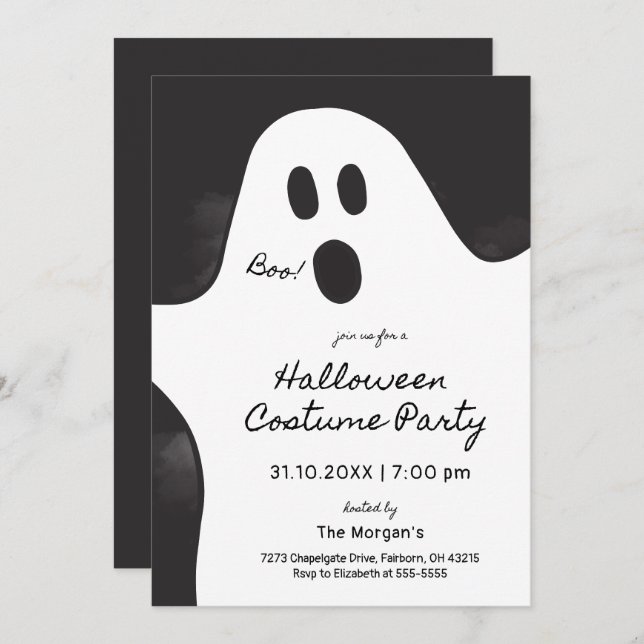 Black & White Ghost Halloween Costume Party  Invitation (Front/Back)