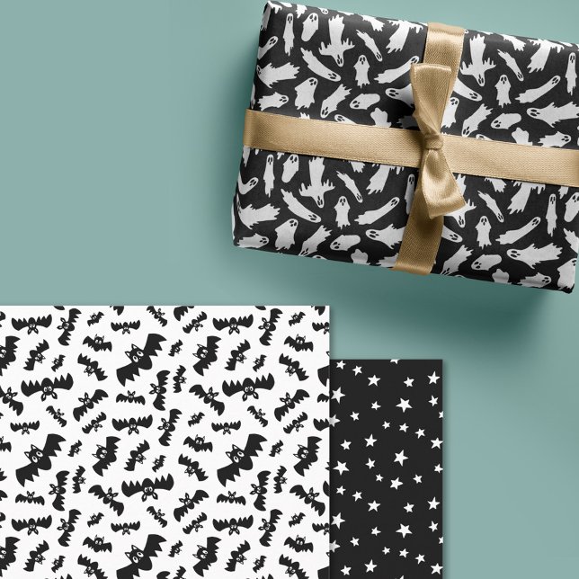 Black White Ghosts Bats Stars Halloween Patterns Wrapping Paper Sheet (Creator Uploaded)
