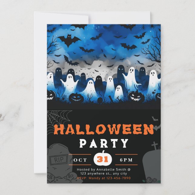 Black & White Ghosts Cemetery Creepy Sky Halloween Invitation (Front)