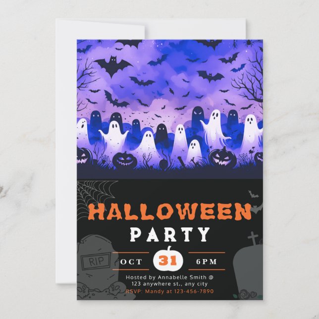 Black & White Ghosts Cemetery Creepy Sky Halloween Invitation (Front)