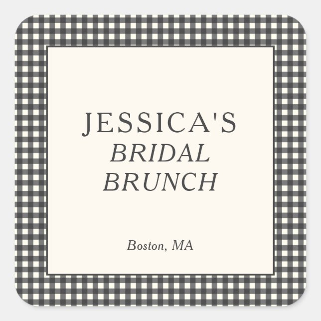 Black White Gingham Bridal Brunch Shower Custom Square Sticker (Front)