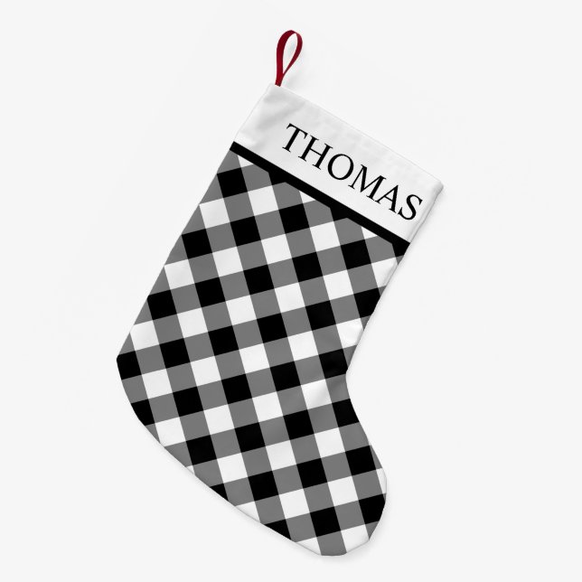 Black White Gingham Custom Name Small Christmas Stocking (Front (Hanging))