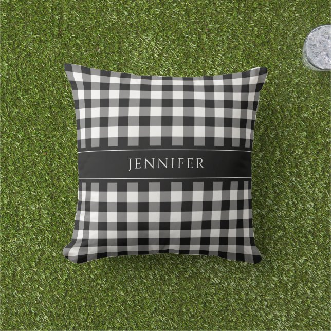 Black & White Gingham Farmhouse Pattern Name Cushion (Grass)