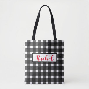 Black White Gingham Personalised Tote Bag