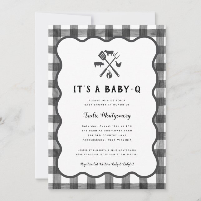 Black White Gingham Plaid Baby Q Baby Shower  Invitation (Front)