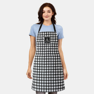 Black White Gingham Plaid Checker Modern Monogram Apron