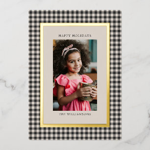 Black White Gingham Plaid Christmas Photo Gold Foil Holiday Card