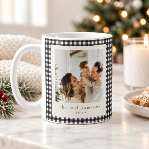 Black White Gingham Plaid Custom Photo Christmas Coffee Mug