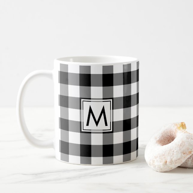 Black White Gingham Plaid Pattern with Monogram Coffee Mug (With Donut)