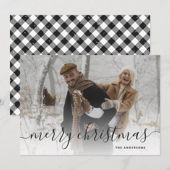 Black White Gingham Plaid Photo Merry Christmas Holiday Card (Front/Back)
