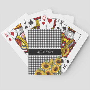 Black White Gingham Plaid Sunflowers Playing Cards