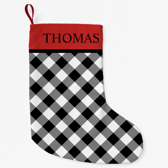 Black White Gingham Red Collar Custom Name Small Christmas Stocking (Front)