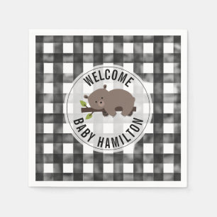 Black + White Gingham Sleepy Bear Baby Shower Napkin