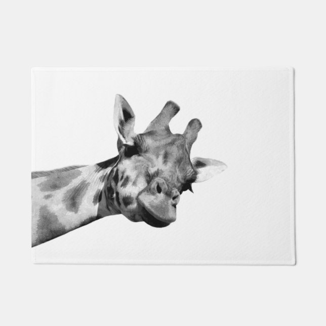 Black white giraffe african animal peekaboo photo doormat (Front)