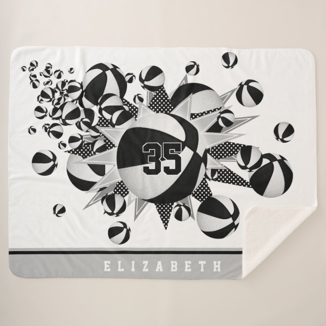 black white girls sports room basketballs stars sherpa blanket (Front (Horizontal))