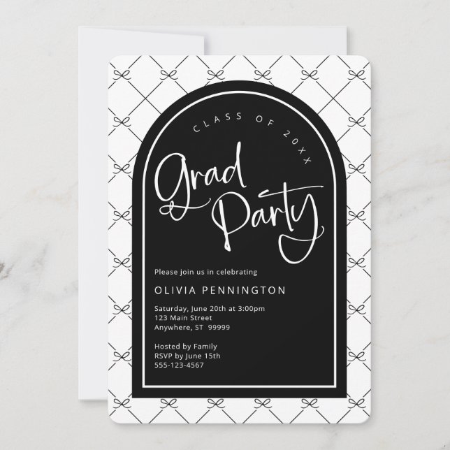 Black White Girly Bows Pattern Graduation Party  Invitation (Front)
