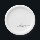 Black White Girly Script Monogram Name Modern Paper Plate<br><div class="desc">White and Black Monogram Add Your Own Name Script Party Plates. This makes the perfect sweet 16 birthday,  wedding,  bridal shower,  anniversary,  baby shower or bachelorette party gift for someone that loves glam luxury and chic styles.</div>