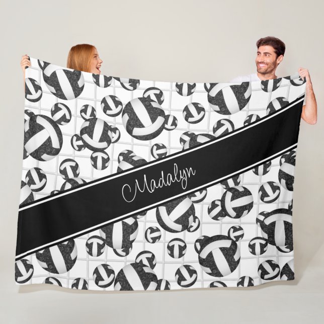 black white girly volleyballs pattern w net accent fleece blanket (In Situ)
