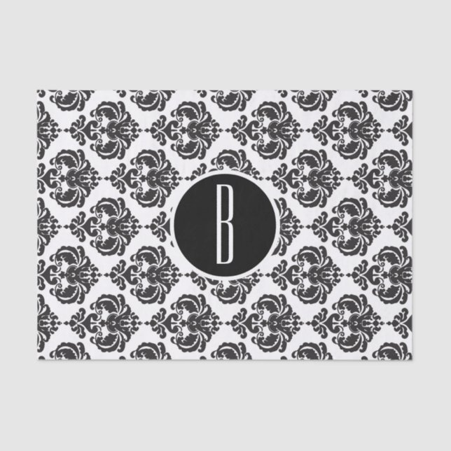 Black White Glam Damask Monogram Letter Initial Tissue Paper (Front)