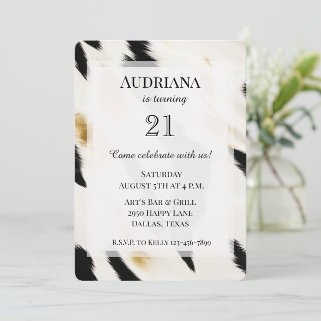 Black White Glam Gold Cowhide Western Birthday Invitation (Standing Front)