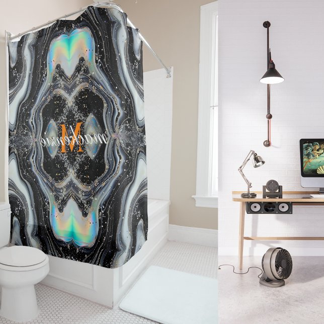 Black White Glitter Alcohol Ink Backdrop Monogram  Shower Curtain (Creator Uploaded)