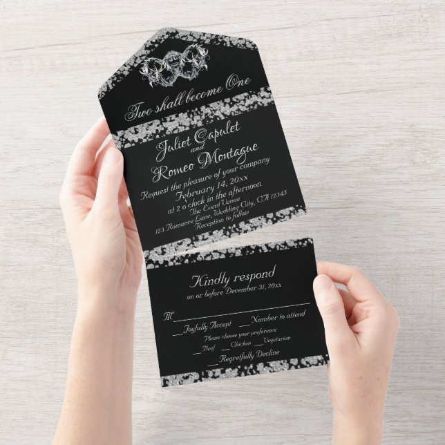 Black & White, Glitter Border & Double Hearts All In One Invitation (Tearaway)