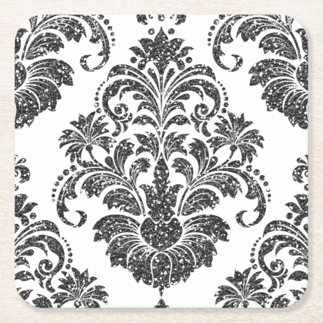 Black/White Glitter Damask Coasters (Front)