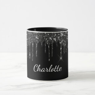 Black white glitter drip monogram name luxury mug