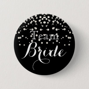 Black White Glitter Faux Foil Wedding Team Bride 6 Cm Round Badge