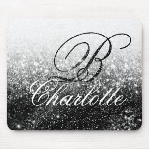 Black White Glitter Girly Script Monogram Name Mouse Mat