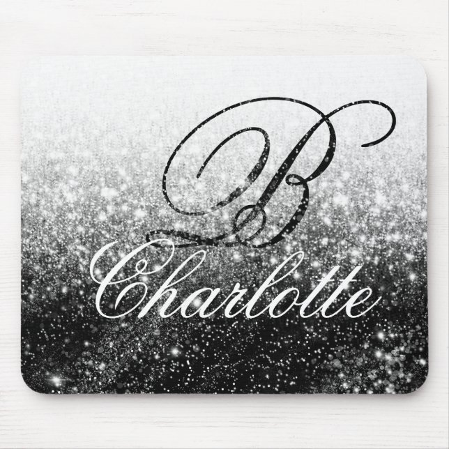 Black White Glitter Girly Script Monogram Name Mouse Mat (Front)