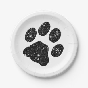 Black White Glitter Paw Print Paper Plate